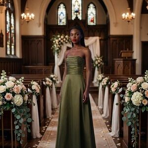 Jessica McClintock Olive Green Strapless Satin A-Line Gown